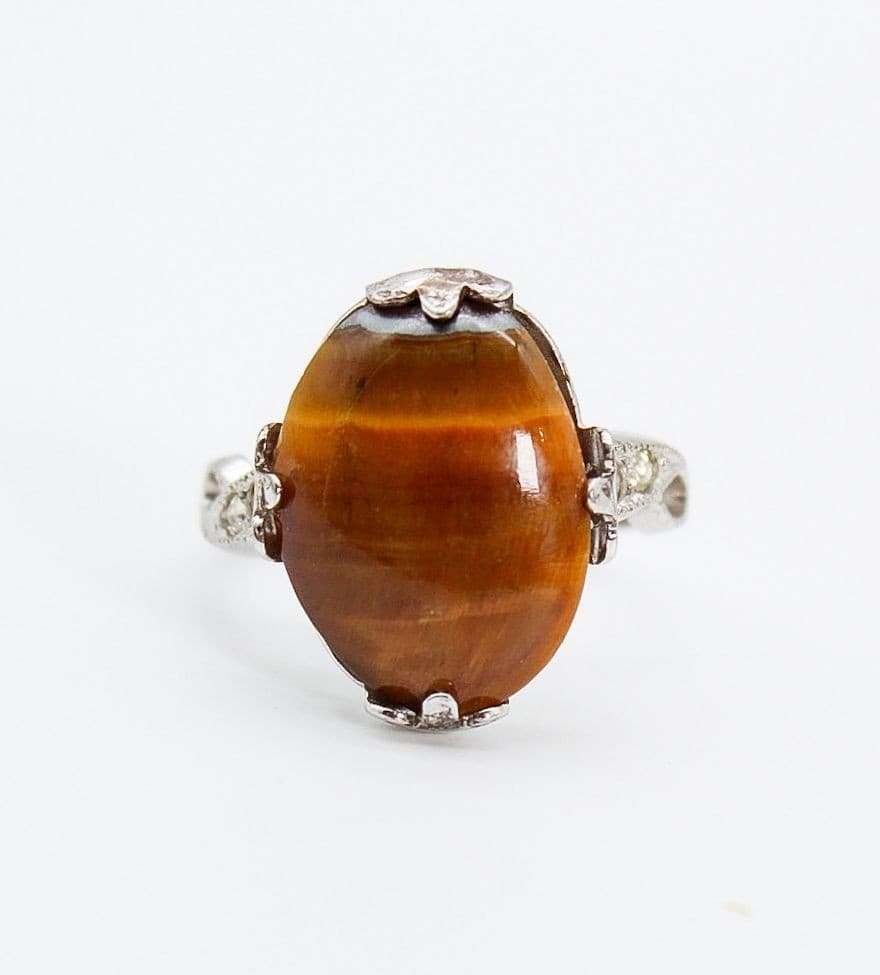 Antique Sterling Silver Hallmarked Tiger Eye Center Stone Cocktail Ring Size 7 - Thumbnail 2