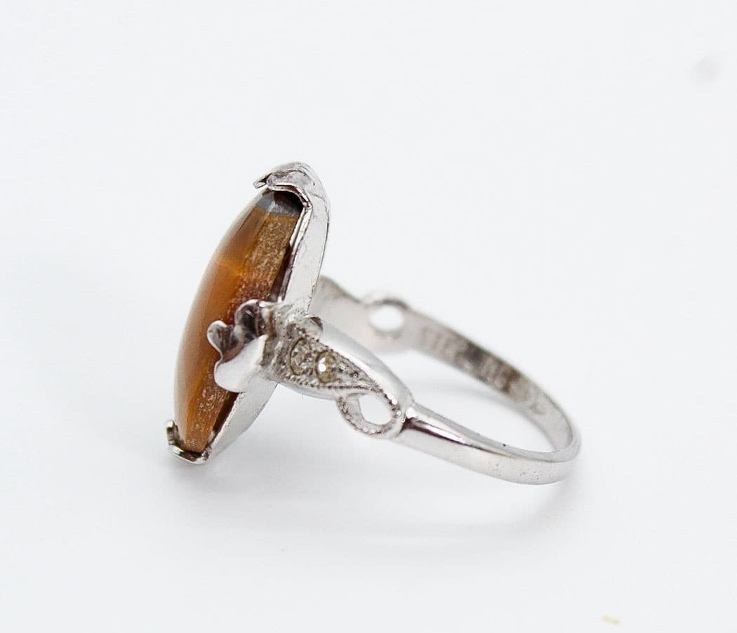 Antique Sterling Silver Hallmarked Tiger Eye Center Stone Cocktail Ring Size 7 - Thumbnail 3