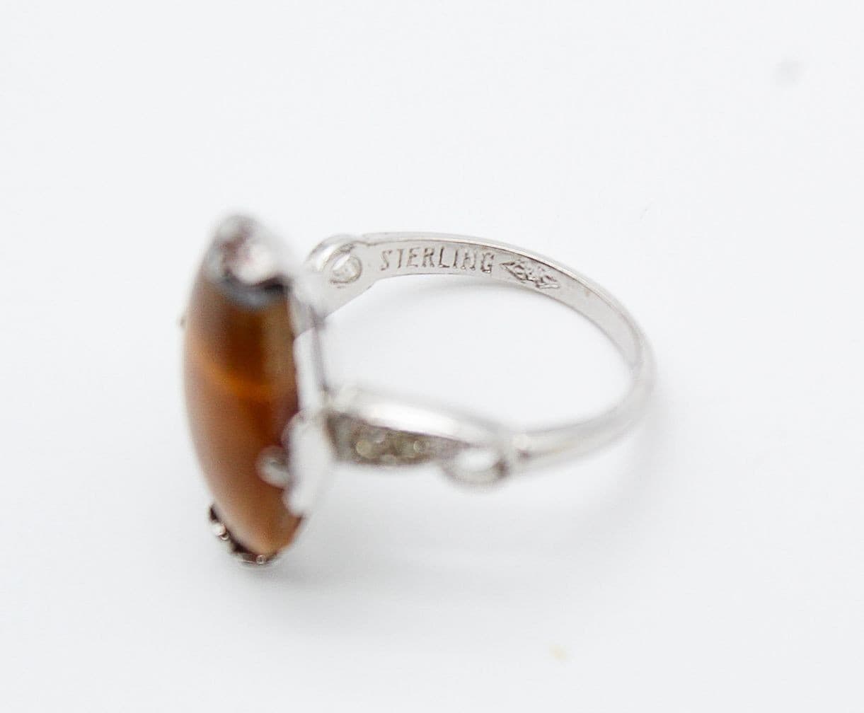 Antique Sterling Silver Hallmarked Tiger Eye Center Stone Cocktail Ring Size 7 - Thumbnail 4