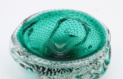 Murano Italy Mid Century Emerald Green Bubble Art Glass Serving Candy Dish Bowl - Thumbnail 6