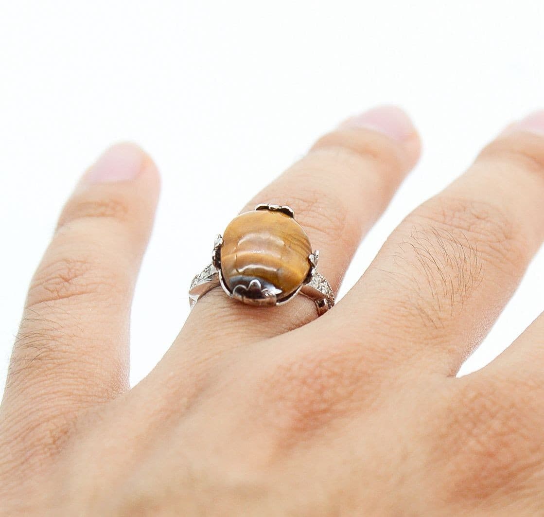 Antique Sterling Silver Hallmarked Tiger Eye Center Stone Cocktail Ring Size 7 - Thumbnail 5