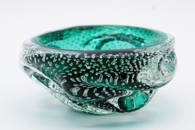 Murano Italy Mid Century Emerald Green Bubble Art Glass Serving Candy Dish Bowl - Thumbnail 9