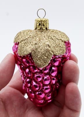 Vintage Made In Germany Pink Grape Cluster Gold Glitter Glass Christmas Ornament - Thumbnail 2