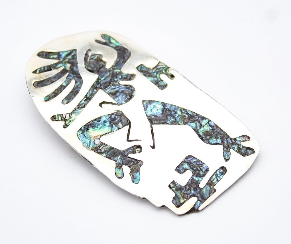 Vtg Mexican Taxco 925 Sterling Silver Abalone Shell Inlay Dancing Figure Brooch - Thumbnail 3