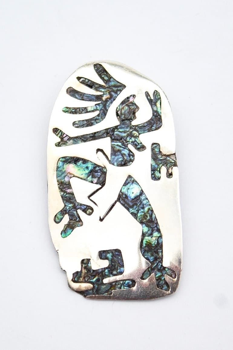 Vtg Mexican Taxco 925 Sterling Silver Abalone Shell Inlay Dancing Figure Brooch - Thumbnail 2