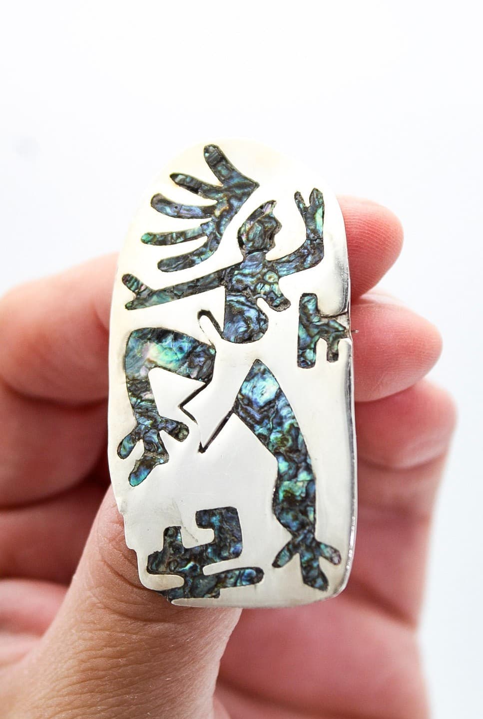 Vtg Mexican Taxco 925 Sterling Silver Abalone Shell Inlay Dancing Figure Brooch - Thumbnail 4