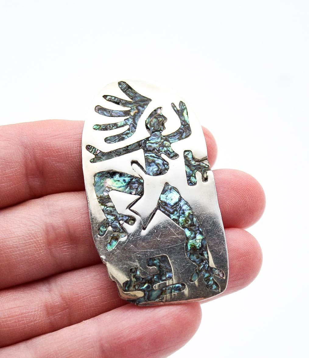 Vtg Mexican Taxco 925 Sterling Silver Abalone Shell Inlay Dancing Figure Brooch - Thumbnail 5