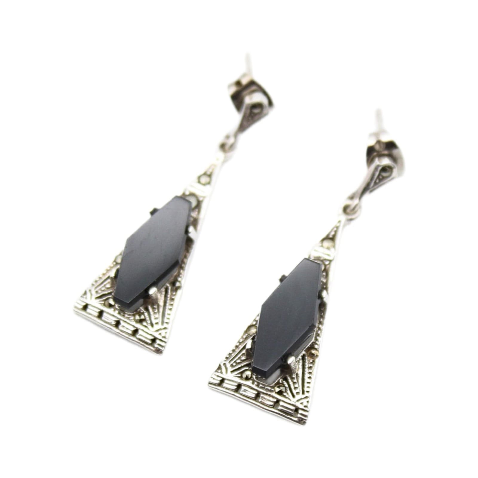 Vintage Art Deco Sterling Silver Black Onyx & Marcasite Drop Earrings - Image 1