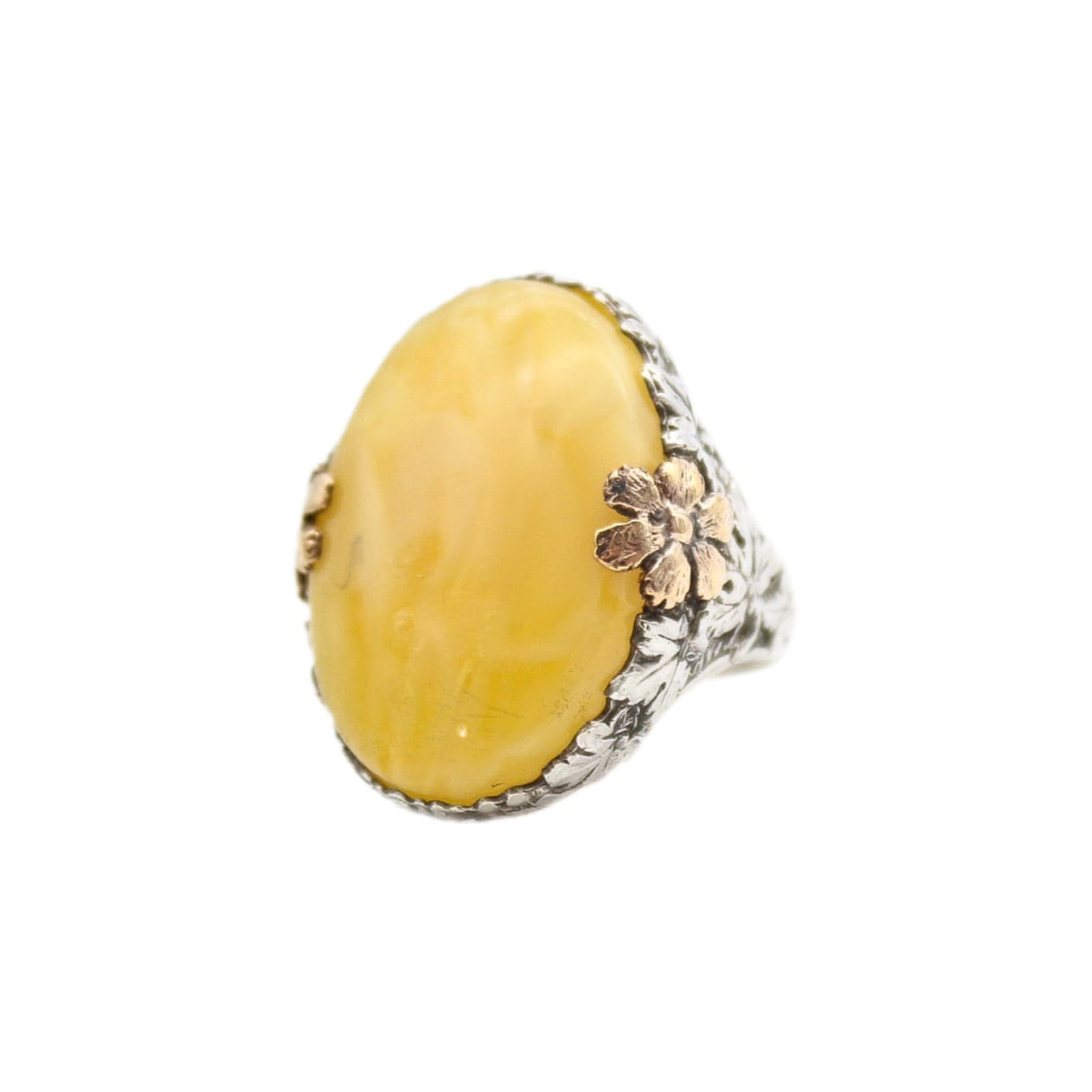 Vintage 925 Sterling Silver Flower Etched Butterscotch Colored Glass Ring Size 5 - Image 1