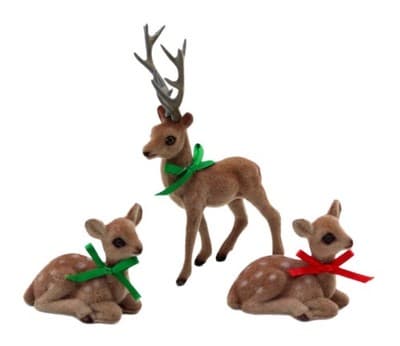 Vintage Set of 3 Flocked Sitting & One Stading Deer Ribbon Christmas Decoration - Image 1