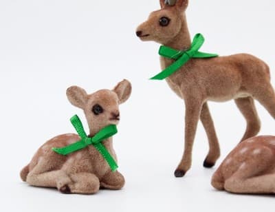 Vintage Set of 3 Flocked Sitting & One Stading Deer Ribbon Christmas Decoration - Thumbnail 3