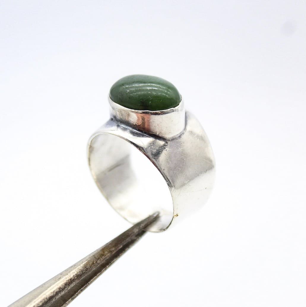Vtg 925 Sterling Silver Oval Cabochon Wide Band Signet Nephrite Jade Ring Size 9 - Thumbnail 7