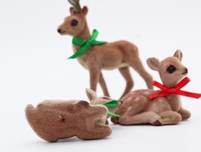 Vintage Set of 3 Flocked Sitting & One Stading Deer Ribbon Christmas Decoration - Thumbnail 5