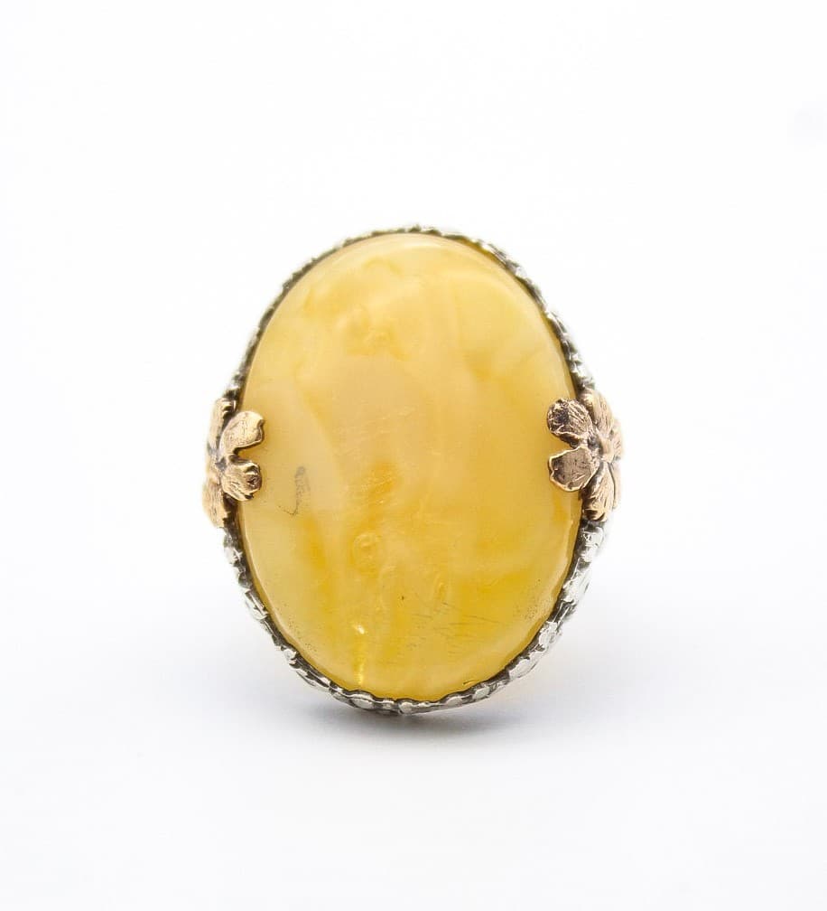 Vintage 925 Sterling Silver Flower Etched Butterscotch Colored Glass Ring Size 5 - Thumbnail 3