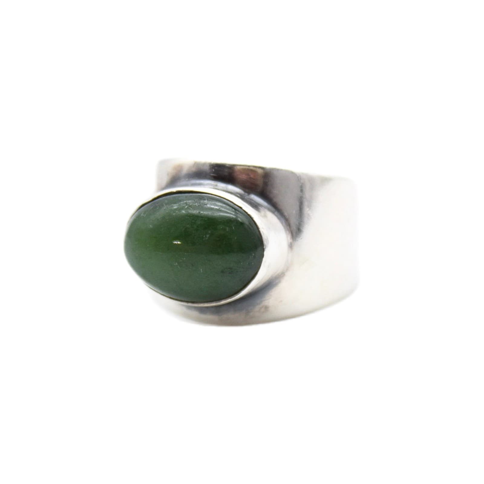 Vtg 925 Sterling Silver Oval Cabochon Wide Band Signet Nephrite Jade Ring Size 9 - Image 1