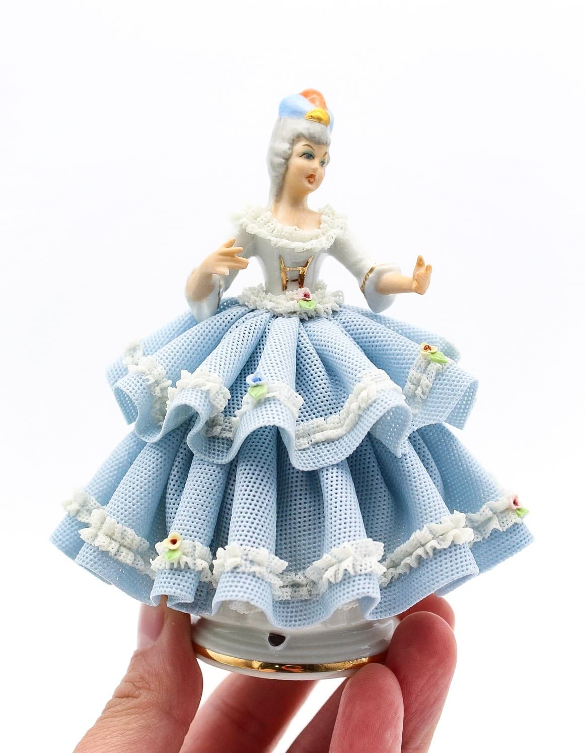 Sandizell West Germany Vintage Blue Laced Lady Dancer Floral Porcelain Figurine - Thumbnail 2