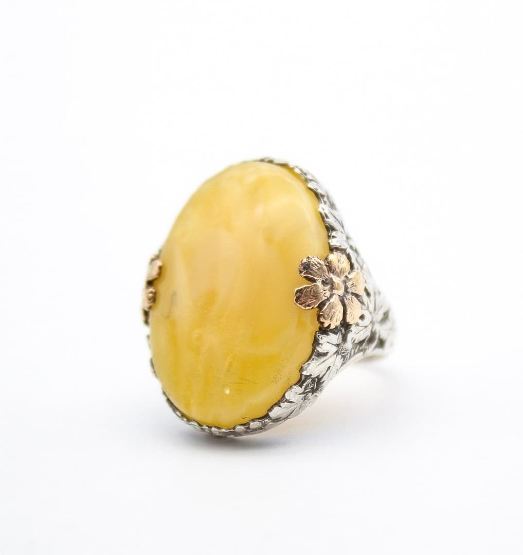 Vintage 925 Sterling Silver Flower Etched Butterscotch Colored Glass Ring Size 5 - Thumbnail 2