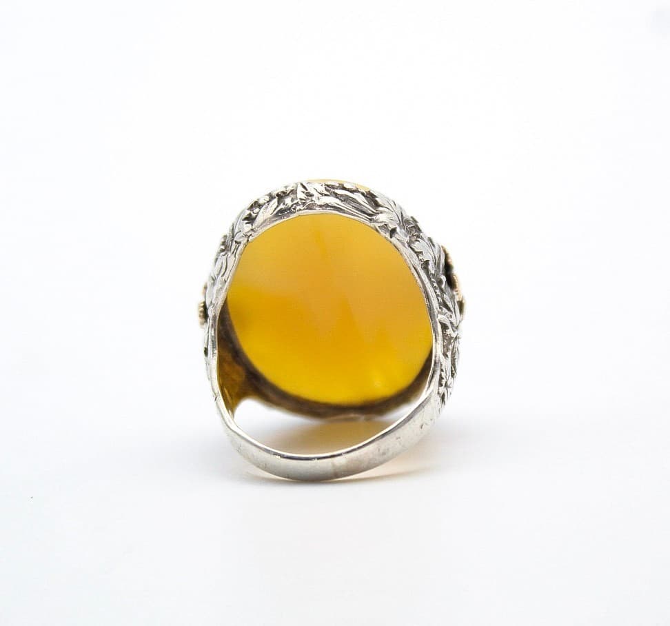 Vintage 925 Sterling Silver Flower Etched Butterscotch Colored Glass Ring Size 5 - Thumbnail 5