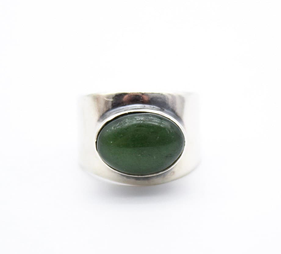 Vtg 925 Sterling Silver Oval Cabochon Wide Band Signet Nephrite Jade Ring Size 9 - Thumbnail 3
