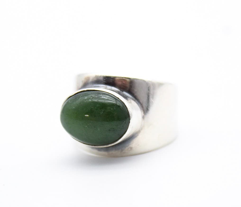Vtg 925 Sterling Silver Oval Cabochon Wide Band Signet Nephrite Jade Ring Size 9 - Thumbnail 2