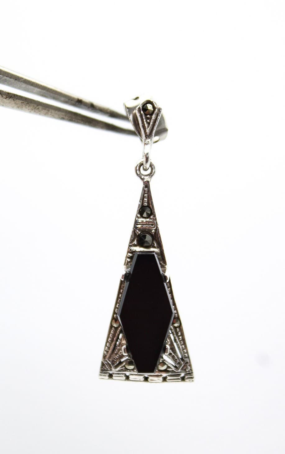 Vintage Art Deco Sterling Silver Black Onyx & Marcasite Drop Earrings - Thumbnail 3