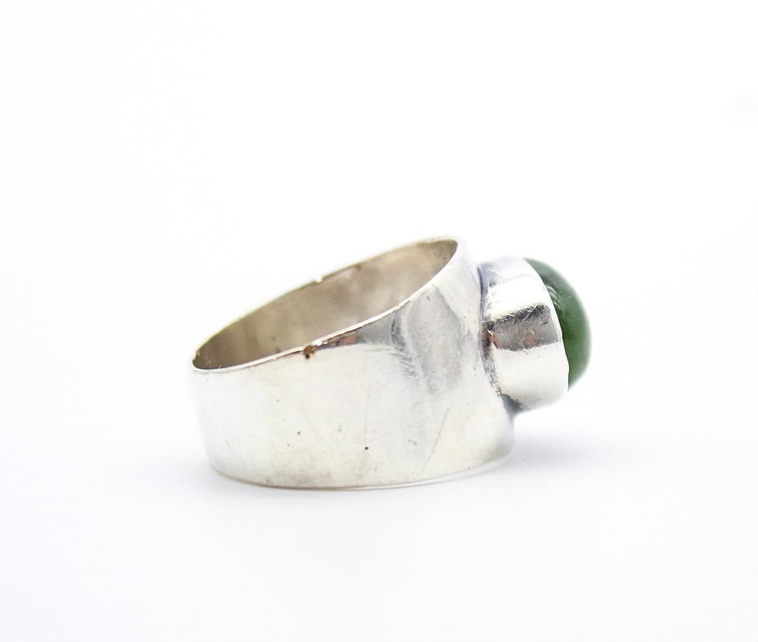 Vtg 925 Sterling Silver Oval Cabochon Wide Band Signet Nephrite Jade Ring Size 9 - Thumbnail 4