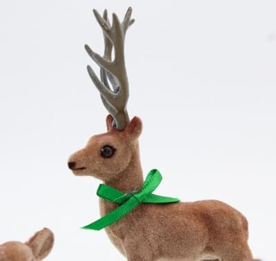 Vintage Set of 3 Flocked Sitting & One Stading Deer Ribbon Christmas Decoration - Thumbnail 4