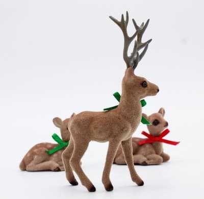 Vintage Set of 3 Flocked Sitting & One Stading Deer Ribbon Christmas Decoration - Thumbnail 6