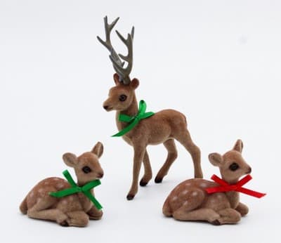 Vintage Set of 3 Flocked Sitting & One Stading Deer Ribbon Christmas Decoration - Thumbnail 7