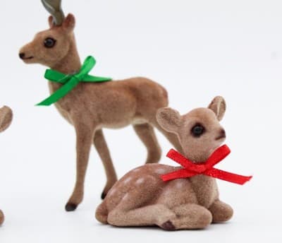 Vintage Set of 3 Flocked Sitting & One Stading Deer Ribbon Christmas Decoration - Thumbnail 2