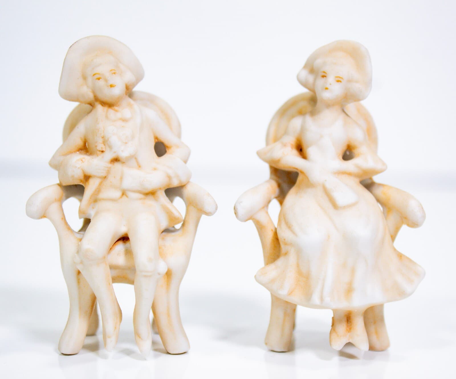 Vintage Pair Of Victorian German Bisque Sitting Man Woman Porcelain Figurines - Thumbnail 6