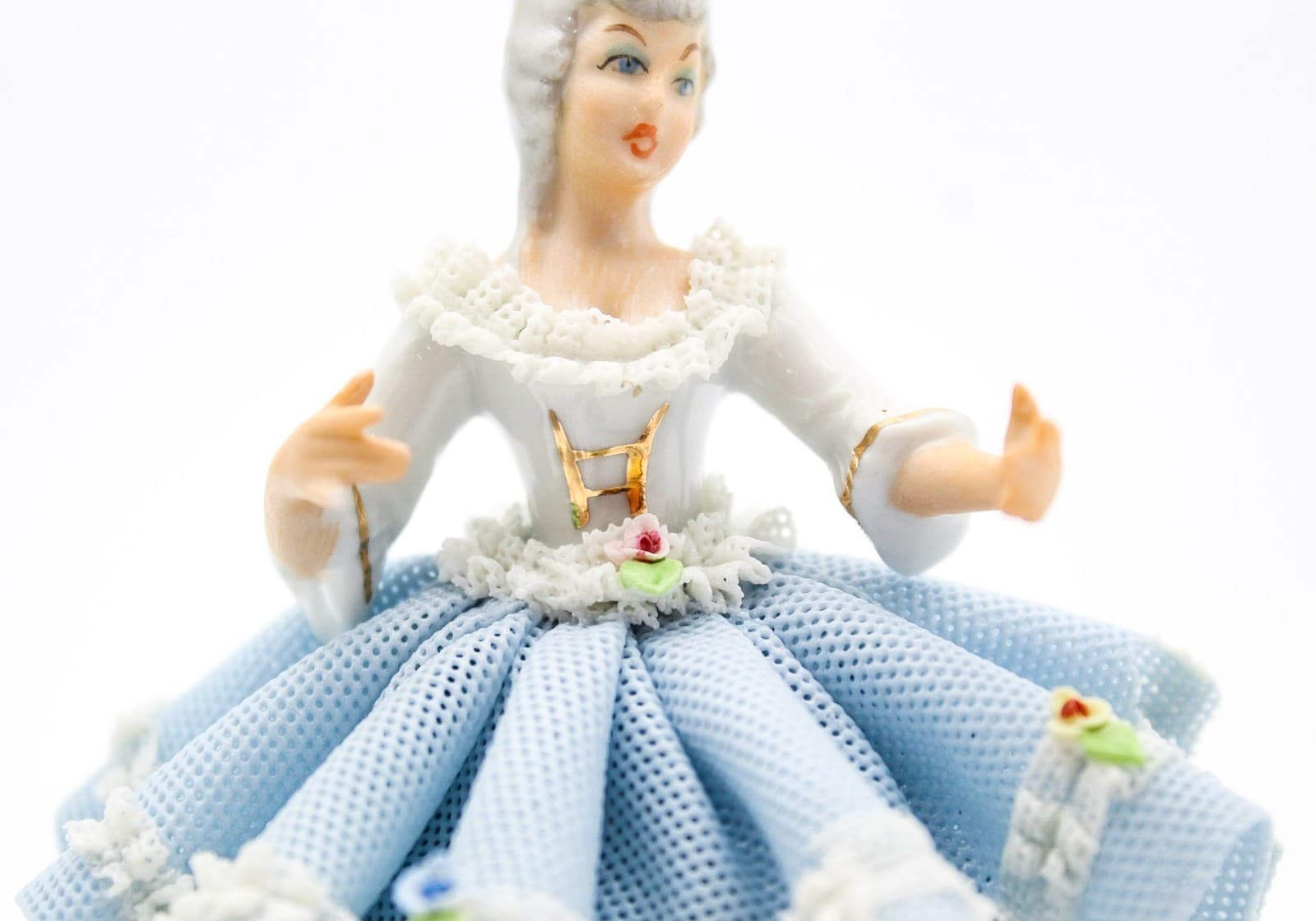 Sandizell West Germany Vintage Blue Laced Lady Dancer Floral Porcelain Figurine - Thumbnail 9