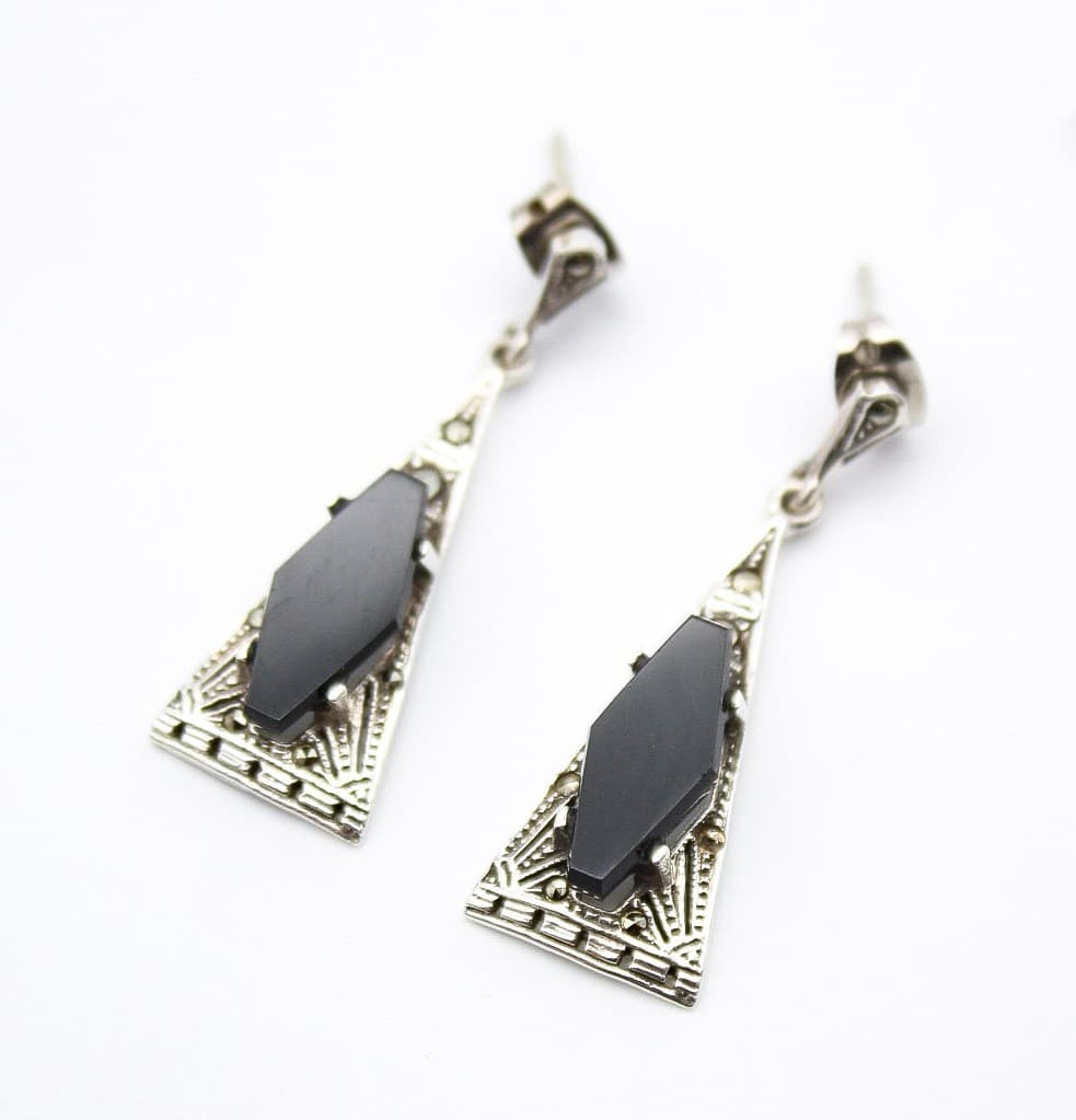 Vintage Art Deco Sterling Silver Black Onyx & Marcasite Drop Earrings - Thumbnail 6