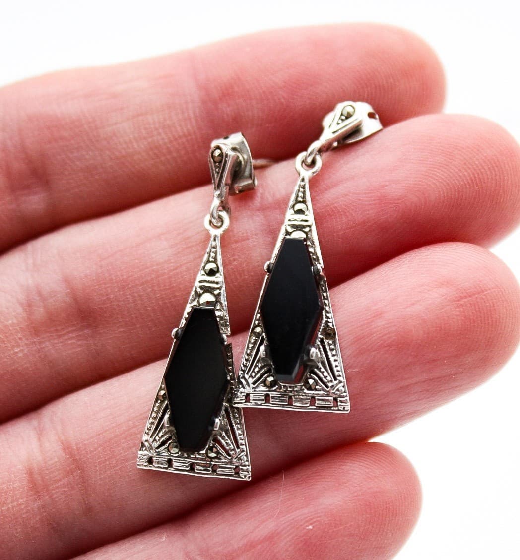 Vintage Art Deco Sterling Silver Black Onyx & Marcasite Drop Earrings - Thumbnail 4