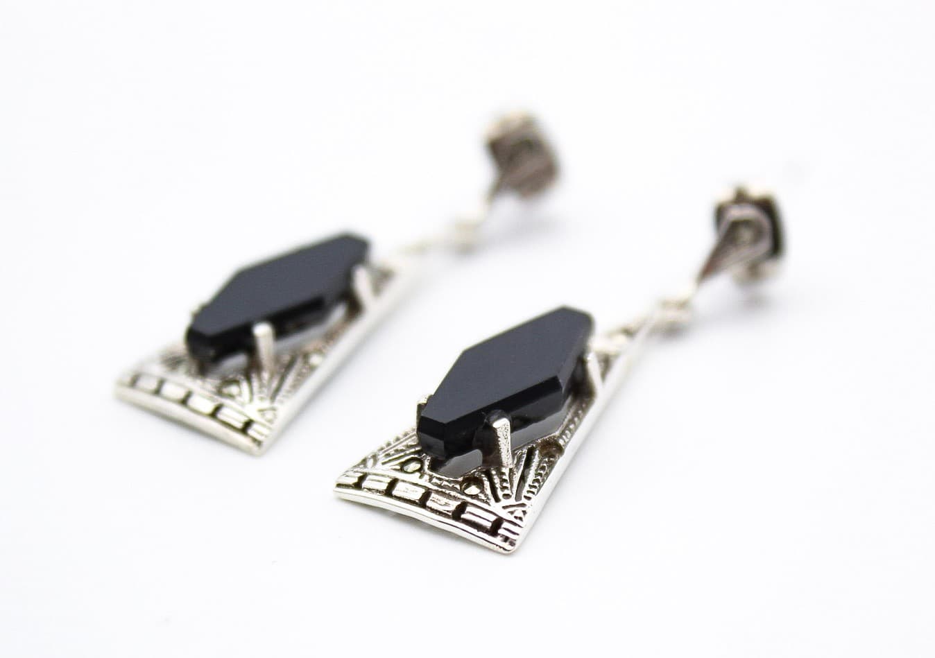 Vintage Art Deco Sterling Silver Black Onyx & Marcasite Drop Earrings - Thumbnail 2