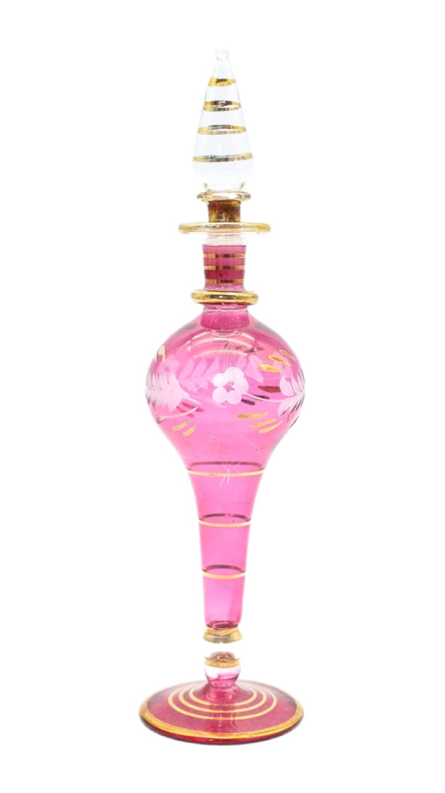Vintage Floral Hand-Blown Egyptian Pink & Gold Glass Perfume Bottle - Image 1