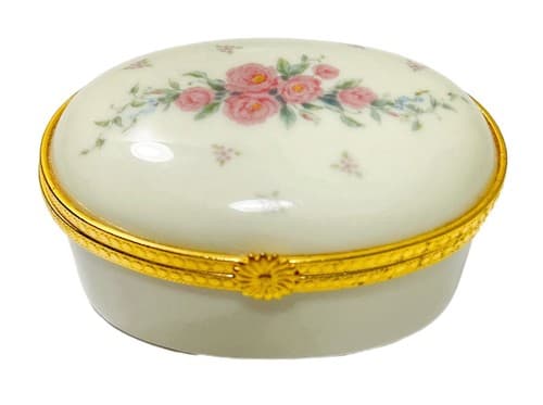 Lenox Vintage Handcrafted Oval Pink Rose Hinged Trinket Porcelain Box - Image 1