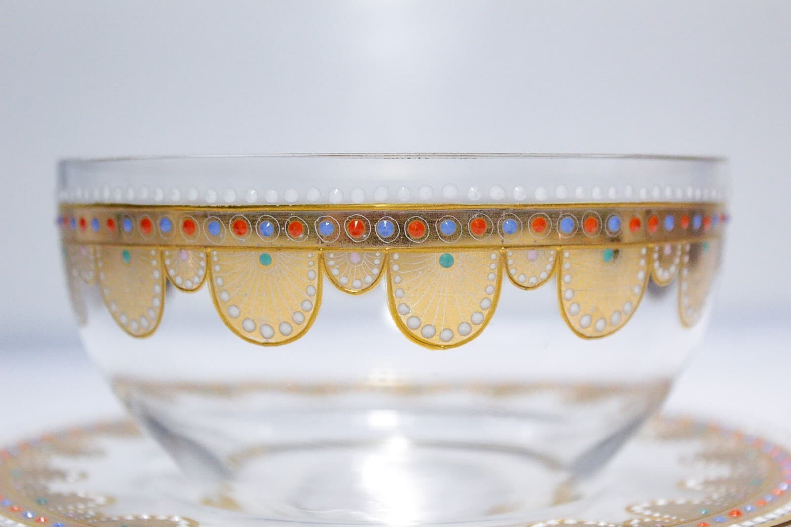 Bohemian Old Gold Gilt Multicolor Jeweled Art Glass Bowl & Underplate - Thumbnail 3