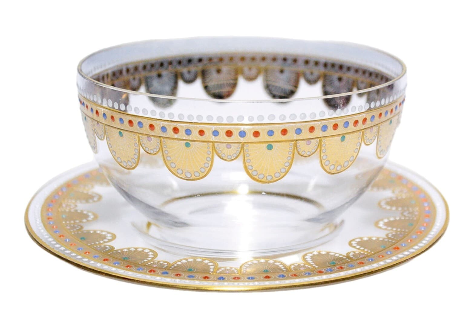 Bohemian Old Gold Gilt Multicolor Jeweled Art Glass Bowl & Underplate - Image 1