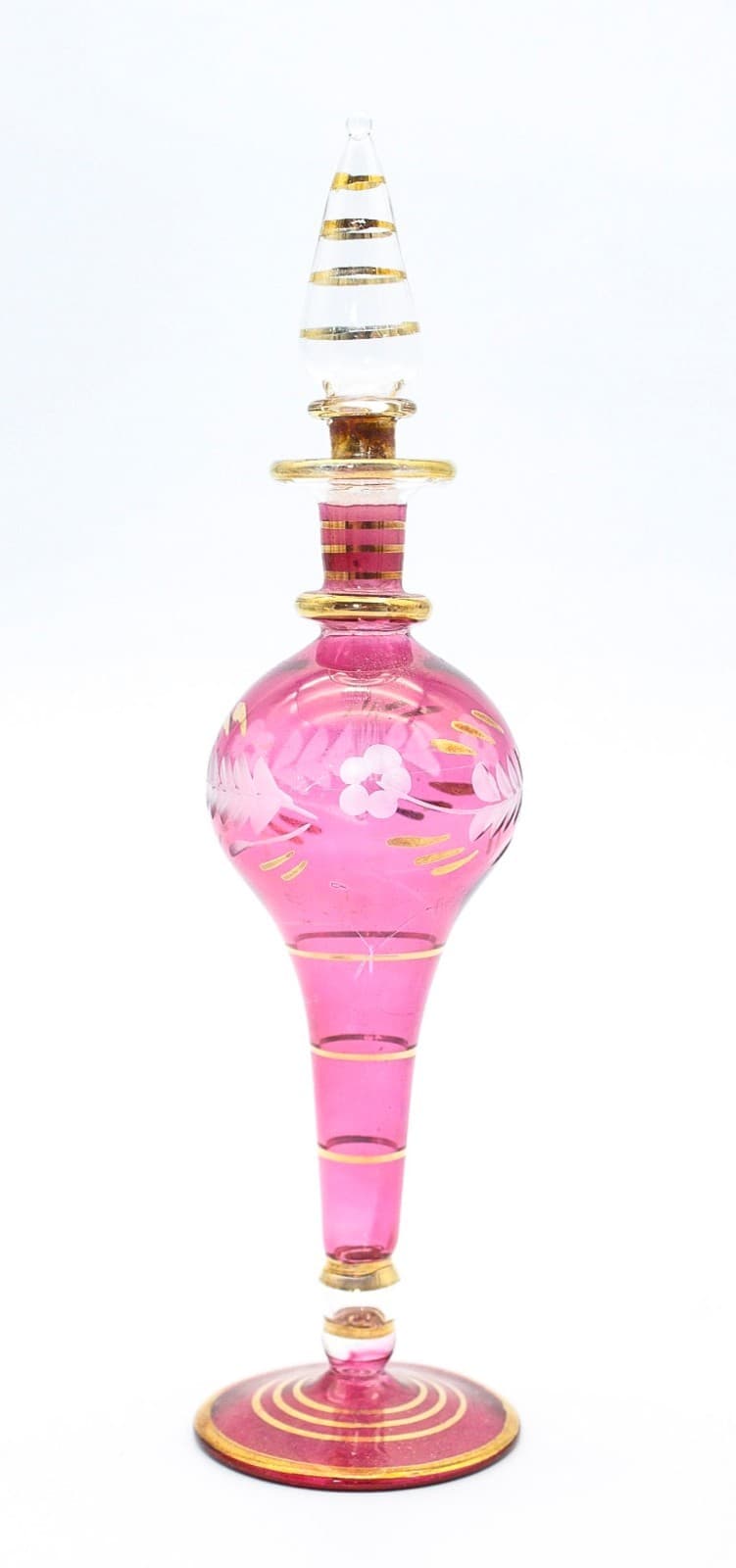 Vintage Floral Hand-Blown Egyptian Pink & Gold Glass Perfume Bottle - Thumbnail 2