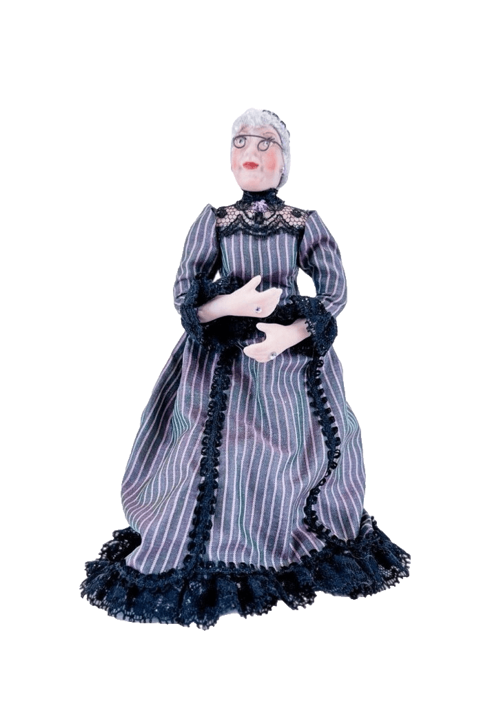 OOAK Vintage Miniature Dollhouse Elder Lady Porcelain Doll Black Laced Dress - Image 1
