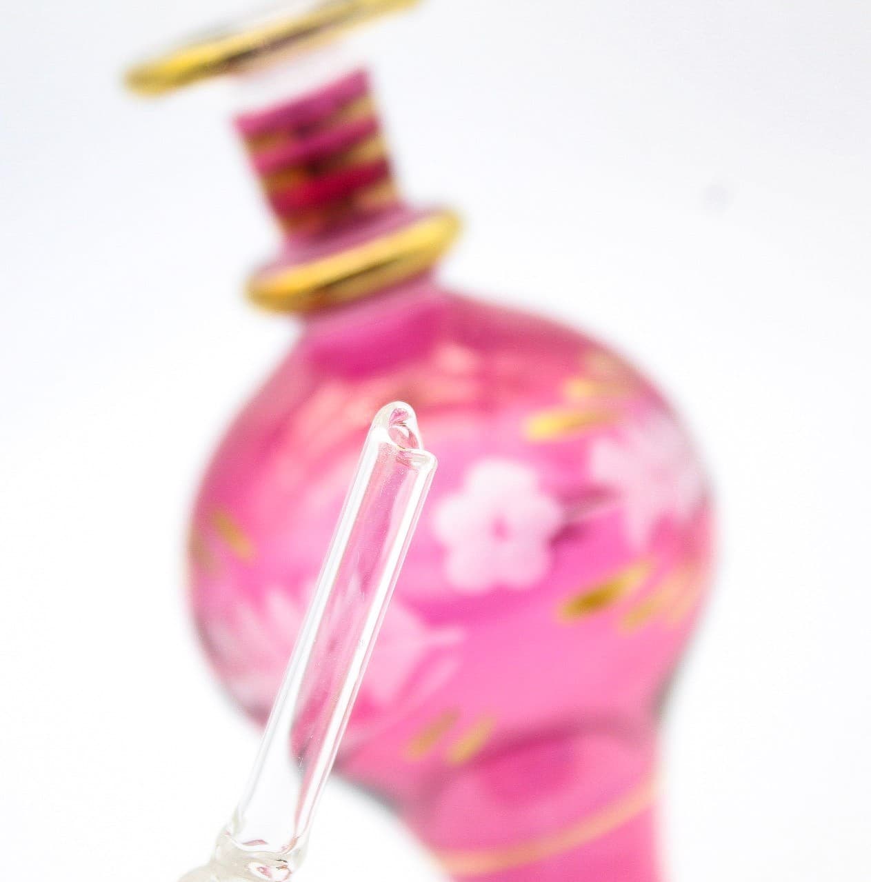 Vintage Floral Hand-Blown Egyptian Pink & Gold Glass Perfume Bottle - Thumbnail 8