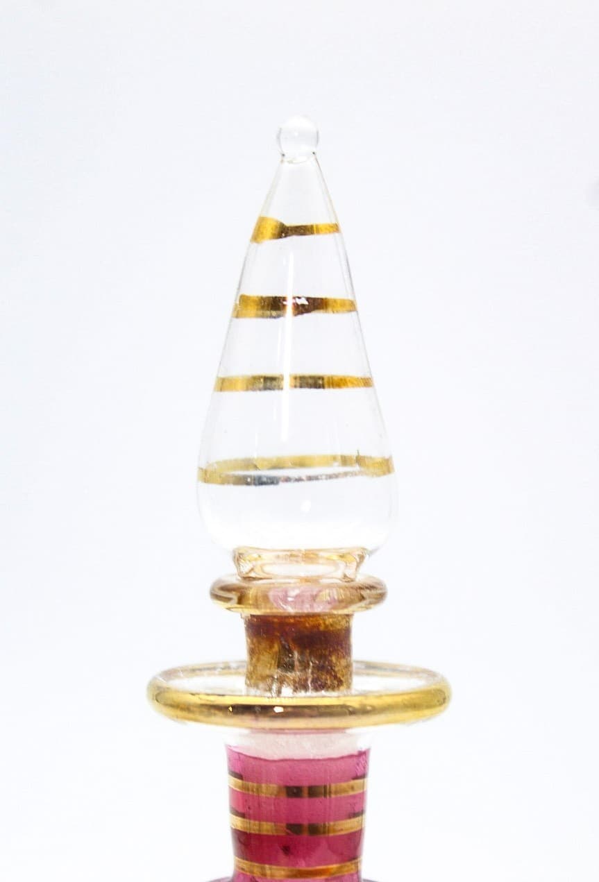 Vintage Floral Hand-Blown Egyptian Pink & Gold Glass Perfume Bottle - Thumbnail 3