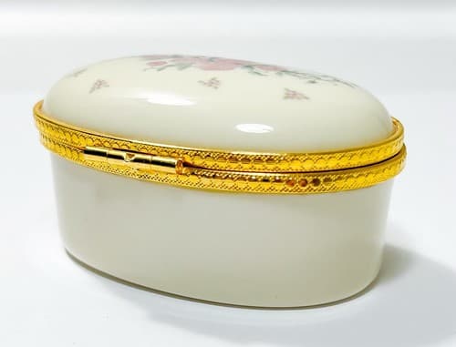 Lenox Vintage Handcrafted Oval Pink Rose Hinged Trinket Porcelain Box - Thumbnail 3