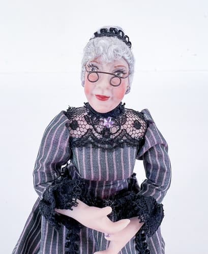 OOAK Vintage Miniature Dollhouse Elder Lady Porcelain Doll Black Laced Dress - Thumbnail 2
