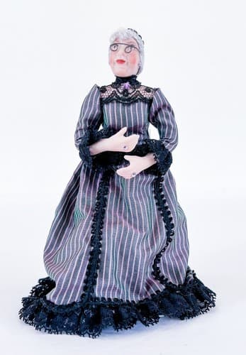 OOAK Vintage Miniature Dollhouse Elder Lady Porcelain Doll Black Laced Dress - Thumbnail 5