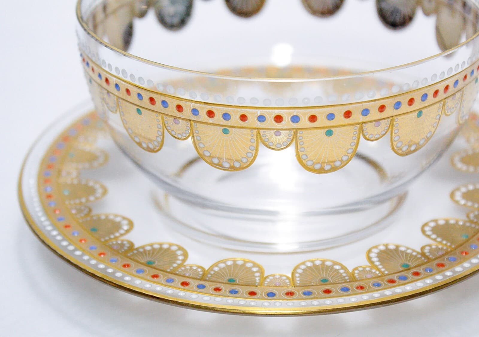 Bohemian Old Gold Gilt Multicolor Jeweled Art Glass Bowl & Underplate - Thumbnail 4