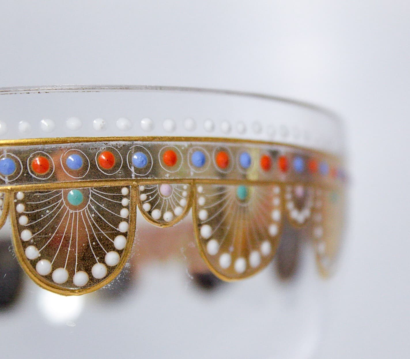 Bohemian Old Gold Gilt Multicolor Jeweled Art Glass Bowl & Underplate - Thumbnail 2