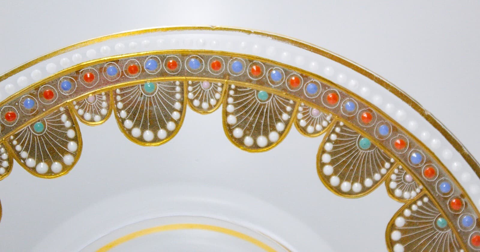 Bohemian Old Gold Gilt Multicolor Jeweled Art Glass Bowl & Underplate - Thumbnail 5