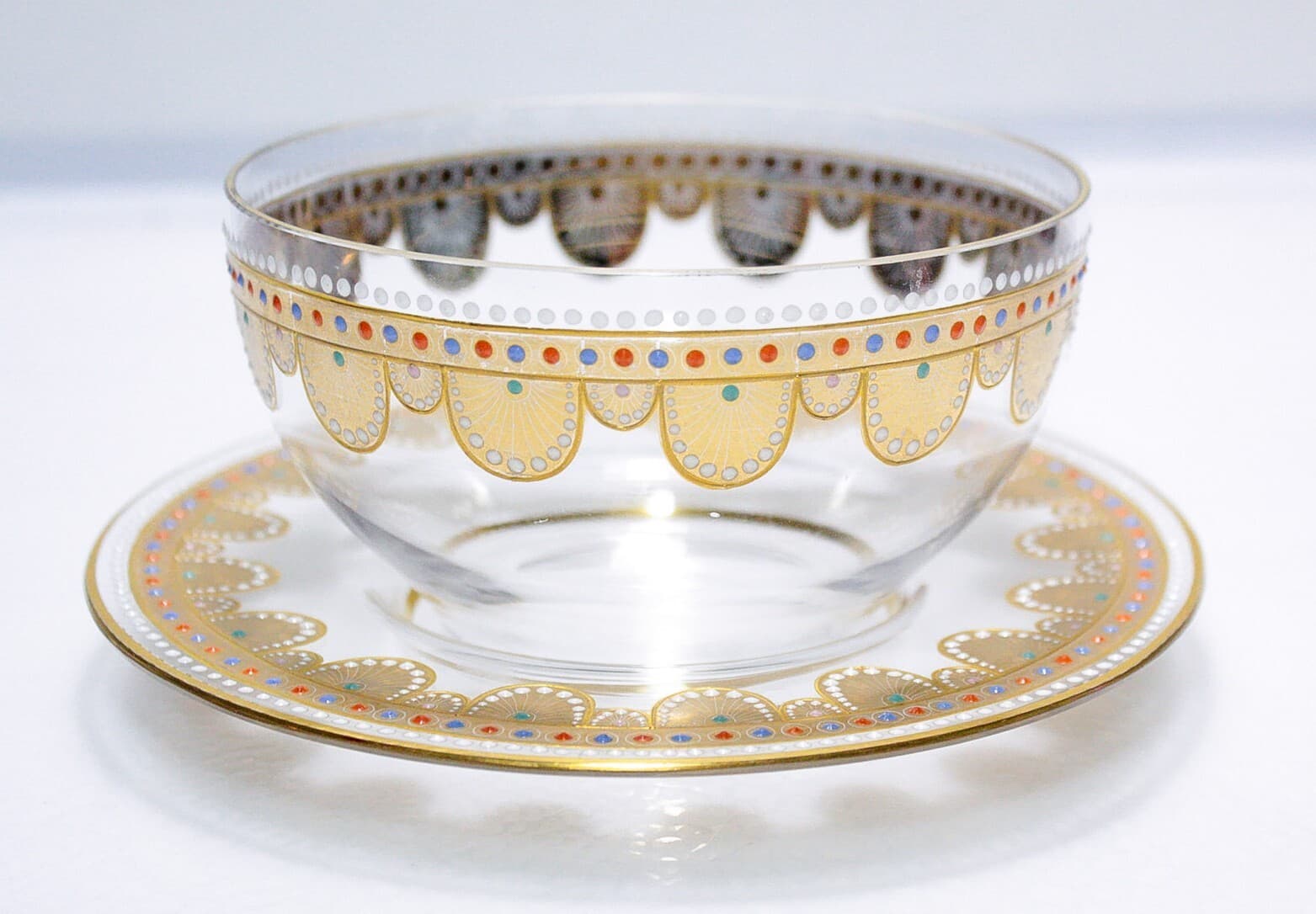 Bohemian Old Gold Gilt Multicolor Jeweled Art Glass Bowl & Underplate - Thumbnail 7